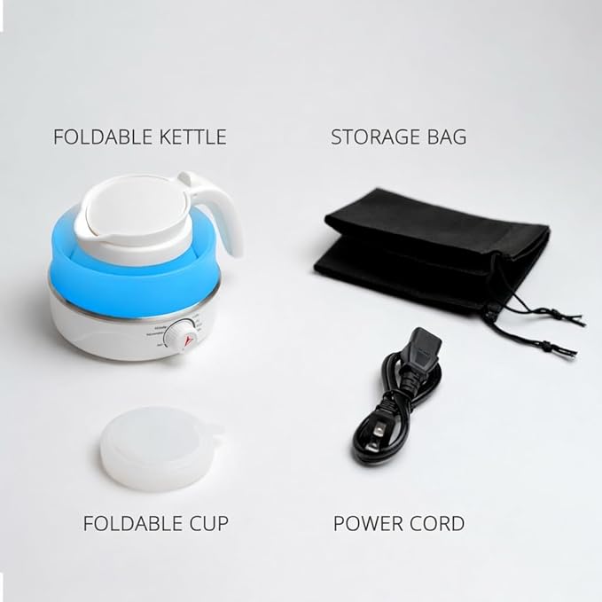 Nikao Home Foldable Electric Kettle Plus Milk Frother and Foldable Cup – Travel kettle, Portable Tea Kettle for Travel, Mini Collapsible Water Warmer, Compact Design and Quick Heating. (Aqua Blue)