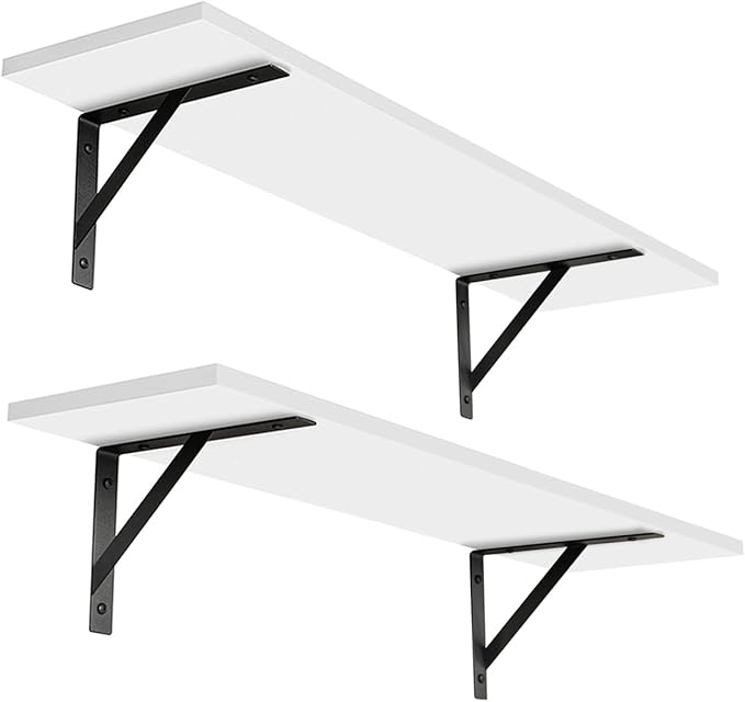 DINZI LVJ Long Wall Shelves, 24 Inch White Floating Shelves Set of 2, Easy-to-Install, Wall Storage Ledges with Sturdy Metal Brackets for Living Room, Bathroom, Bedroom, Kitchen, White