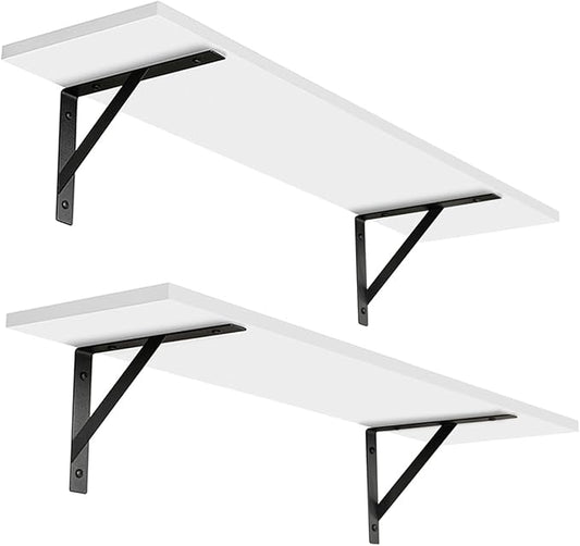 DINZI LVJ Long Wall Shelves, 24 Inch White Floating Shelves Set of 2, Easy-to-Install, Wall Storage Ledges with Sturdy Metal Brackets for Living Room, Bathroom, Bedroom, Kitchen, White