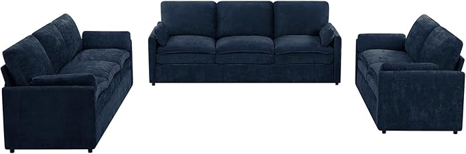 3 Pieces Chenille Sofa Set w/Arm Pillows, Upholstered Loveseat & 2 Pieces 3 Seater Sofa w/Comfortable Back Cushions, Modern 2-Seat & 3-Seat w/High-Density Foam for Living Room, Blue