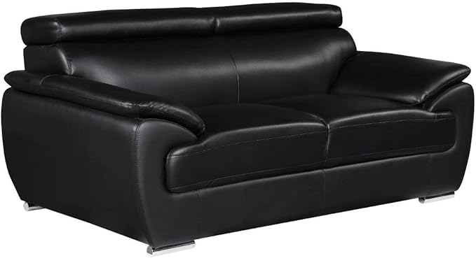 Blackjack Furniture 4571 Veal Collection Modern Genuine Leather Loveseat with Adjustable Headrest, Sturdy Wood Frame and Stainless Steel Legs, Stylish Living Room Love Seat, Black