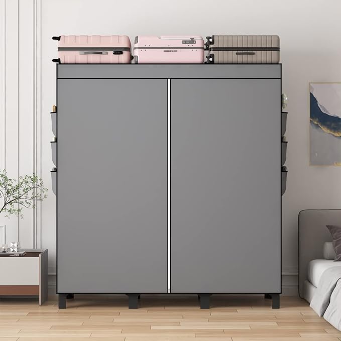 Portable Closet, Clothes Storage Box, Simple Wardrobe for Hanging Clothes, Multiple Shelves and 3 booms,6 Side Pockets (Grey) (Grey, Large)
