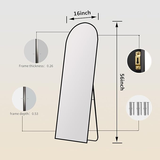 Arched Full Length Mirror,56" L x 15" W Floor Mirror, Aluminum Alloy Frame, Shatterproof Glass - Free Standing, Leaning or Wall Mounted for Bedroom, Living Room, Entryway, Modern Home (Gold)