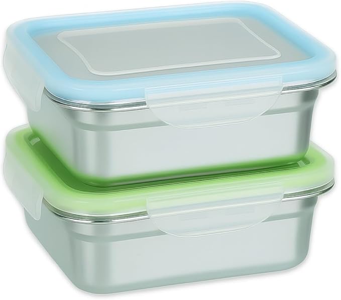 Set of 2 Stainless Steel Sandwich Containers - Food Grade Metal Base with a BPA Free Leakproof & Airtight Silicone Seal Lid. Great for Sandwiches, Snacks, Meal Prep & Food Storage - Blue/Green