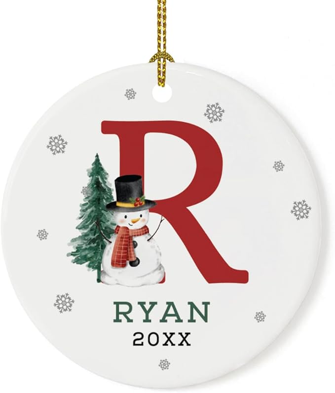 Andaz Press Personalized Christmas Ornaments, Custom Name, Initial R Monogram Snowman 2.8" Ceramic Porcelain 2025 Christmas Ornament Keepsake for Kids, Boys, Girls, 1-Pack Initial Ornaments
