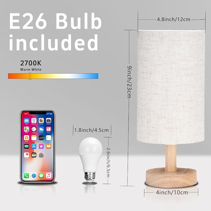 Small Table Lamp for Bedroom - Bedside Lamps for Night Stands, Minimalist Nightstand Light Lamp, Desk Lamps for Living Room, Office, Dorm(Wood Base, 10" Inline Control)