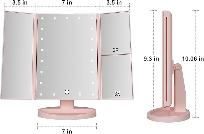 Trifold Makeup Mirror Vanity Mirror with Lights,1X 2X 3X Magnification,Touch Screen,180 Adjustable Rotation,Portable Travel Bathroom Cosmetic Mirror