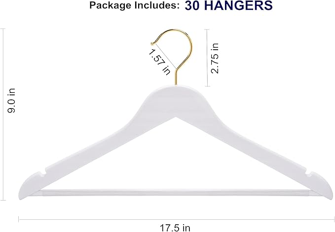 Amber Home 30 Pack Solid Wood Suit Coat Hangers, Smooth White Finish Wooden Dress Hangers with Non Slip Pant Bar, Clothes Hangers with Gold Hook & Notches for Jacket, Pant, Shirt (White+Gold, 30)