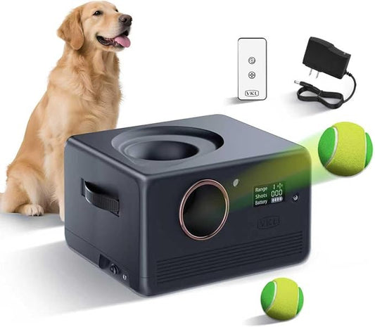 VKL Automatic Dog Ball Launcher Pro & Tennis Ball Thrower with Remote Control, Display Screen,10/20/30ft Distances, Dual Storage, Auto-Stop on Obstacle for Medium/Large Dogs