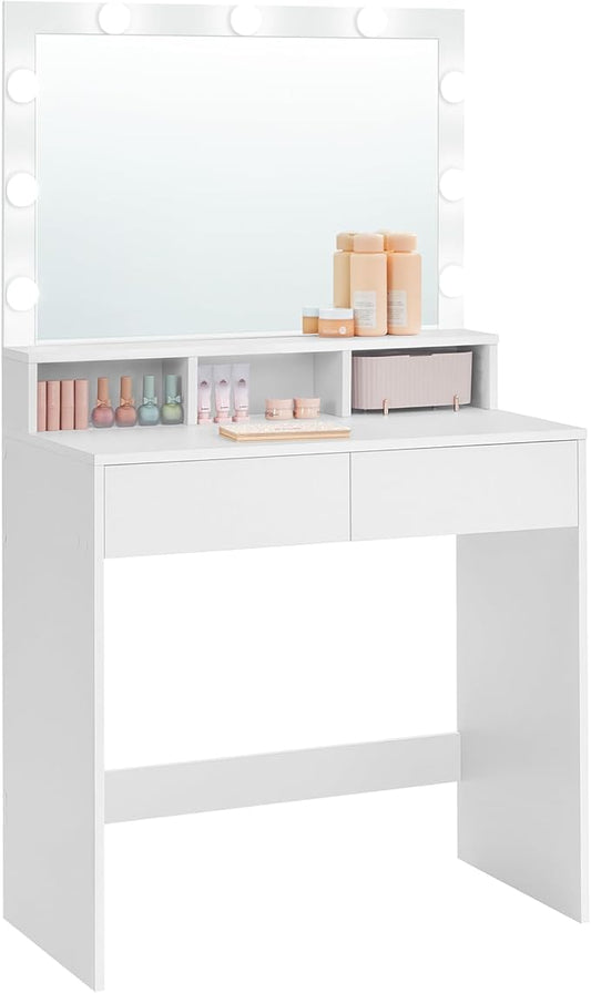 VASAGLE Vanity Desk with Mirror and Lights, Makeup Vanity with Large Mirror, LED Lights with Adjustable Brightness, Vanity Table, 2 Drawers, 3 Compartments, Modern Makeup Desk, Cloud White URDT120T14