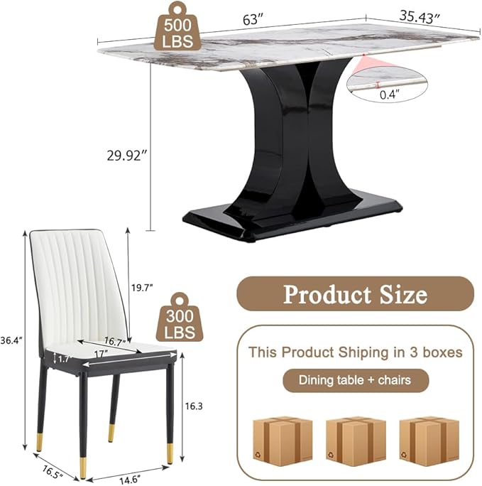 Modern Marble Dining Table Set for 4 - Rectangular Kitchen Table With PU Leather Upholstered Chairs for Dining Room (Off White-C, White)