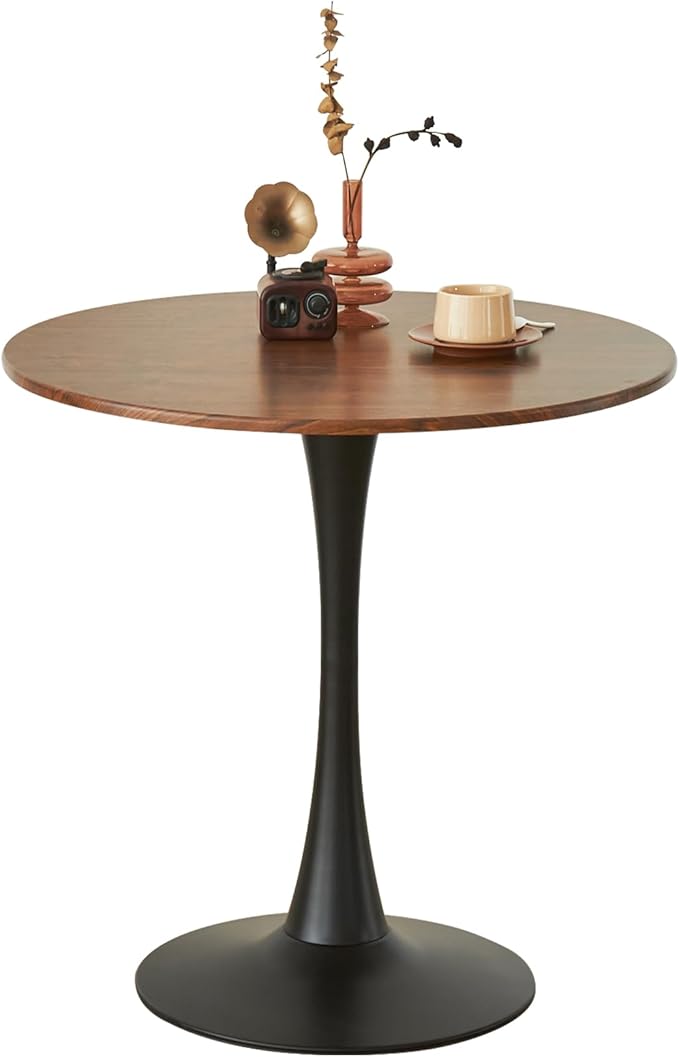 Round Dining Tulip Table for 2, Mid-Century Modern Table with Sturdy Metal Pedestal for Kitchen, Bistro, Cafe, Leisure (Faux Walnut, 24 INCH)