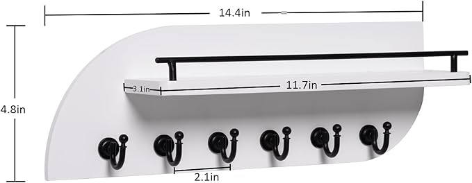 Key Holder for Wall, Decorative Key and Mail Organizer with 6 Sturdy Metal Hooks and Floating Shelf, 14 Inches Wood Wall Mounted Key Rack for Entryway, White and Black