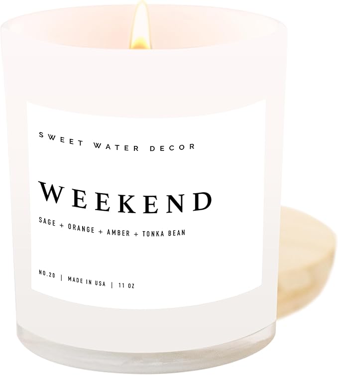 Sweet Water Decor Weekend Candle - Soy Citrus, Grapefruit, Sage, Amber, and Oakmoss Scented Spring Candles for Home - 11oz White Jar with Wood Lid, 50+ Hour Burn Time, Made in The USA