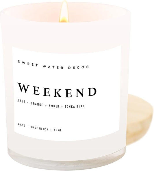 Sweet Water Decor Weekend Candle - Soy Citrus, Grapefruit, Sage, Amber, and Oakmoss Scented Spring Candles for Home - 11oz White Jar with Wood Lid, 50+ Hour Burn Time, Made in The USA