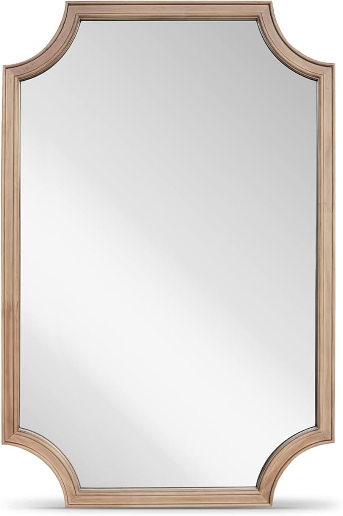 WallBeyond 24" x 36" Full Scalloped Corners Arch Rectangle Wall Mirror with Wood Frame for Entryway, Living Room or Bedroom Home Decor - Light Woodgrain [24" x 36" Natrual]