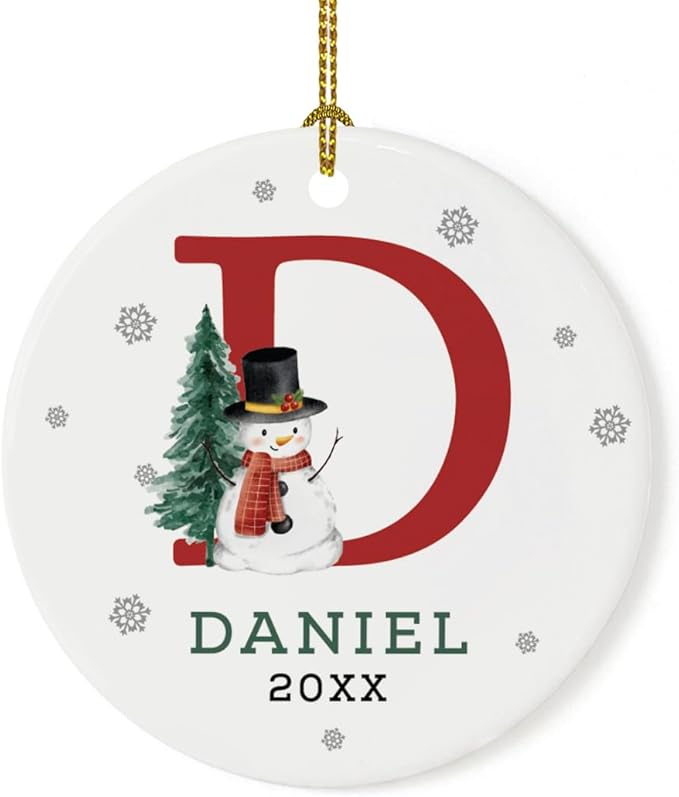 Andaz Press Personalized Ornament, Custom Name, Initial D Monogram Snowman 2.8" Ceramic Porcelain 2025 Christmas Ornament Keepsake for Kids, Boys, Girls, Includes Gold Ribbon & Gift Box, 1-Pack
