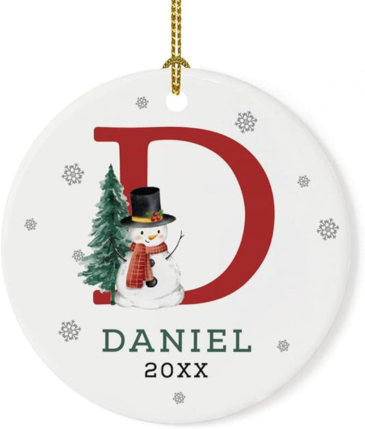 Andaz Press Personalized Ornament, Custom Name, Initial D Monogram Snowman 2.8" Ceramic Porcelain 2025 Christmas Ornament Keepsake for Kids, Boys, Girls, Includes Gold Ribbon & Gift Box, 1-Pack