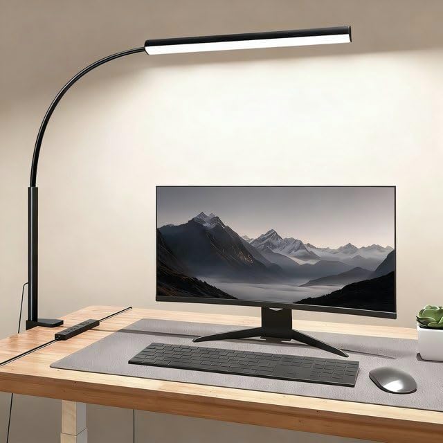 LED Desk Lamp with Clamp, Eye-Protection Clip on Desk Lamp, 5 Modes 10 Brightness Adjustment, 360°Flexible Gooseneck Lamp for Home Office, Lamps with USB Adapter，Black