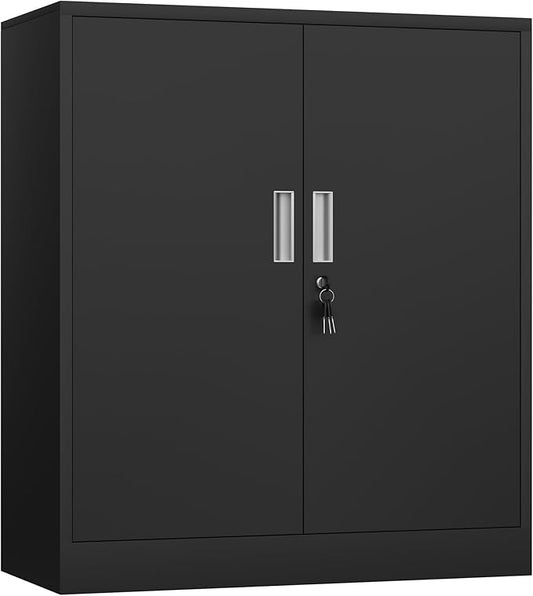 Metal Storage Cabinet with Locking Doors and 2 Adjustable Shelves, Small Lockable Steel Storage Cabinets for Home Office Garage Kitchen Pantry (Black)