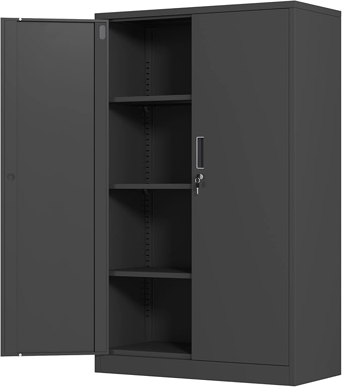 Metal Storage Cabinet with Locking Doors and 3 Adjustable Shelves, 53.5-Inch Lockable Storage Cabinets for Home Office Garage Kitchen Pantry (Black)