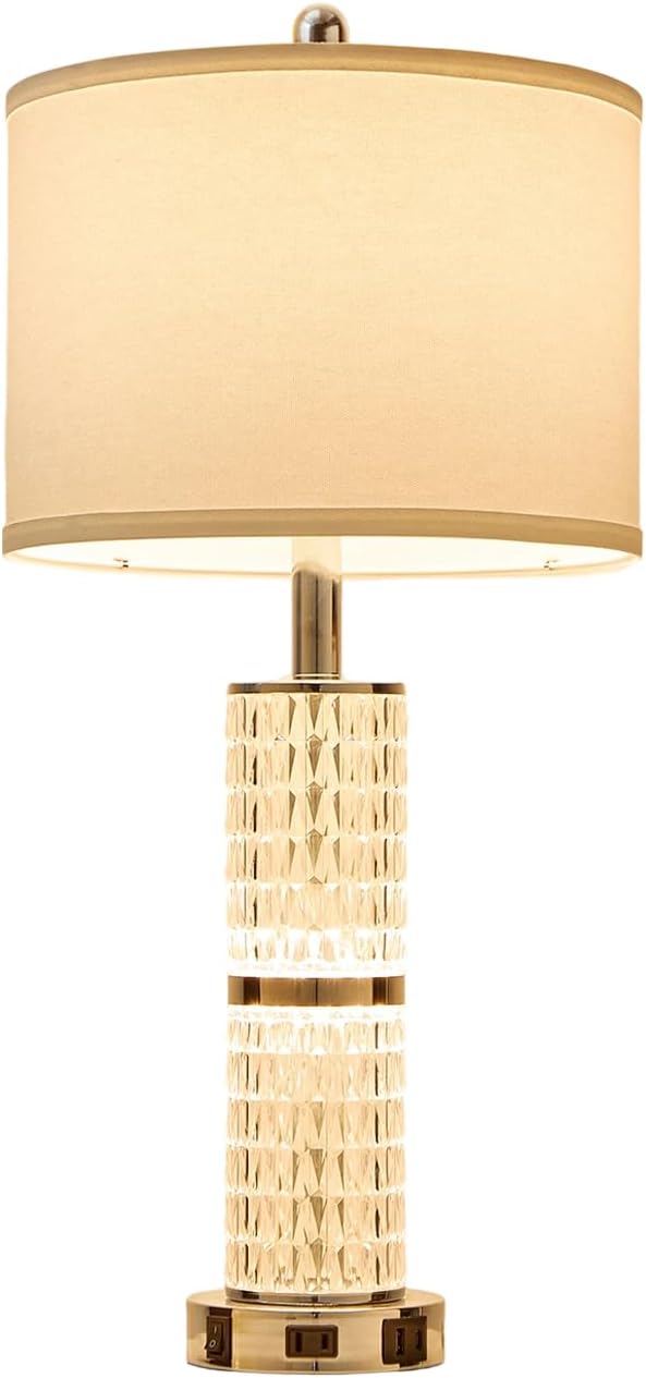 Crystal Table Lamps Modern 3-Way Dimmable Bedside Lamp with 2 USB Ports & AC Outlets for Living Room Bedroom Nightstand Lamp Night Light