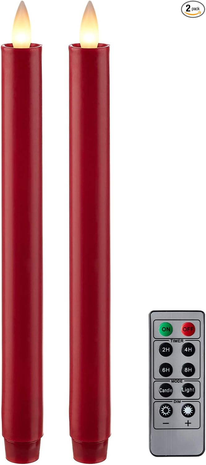 Flameless Taper Candles Flickering with Remote and Timer, 3D Moving Flame Taper Candle Battery Operated to 400 Hours, 9 Inch Window Candles, (Holiday Red)