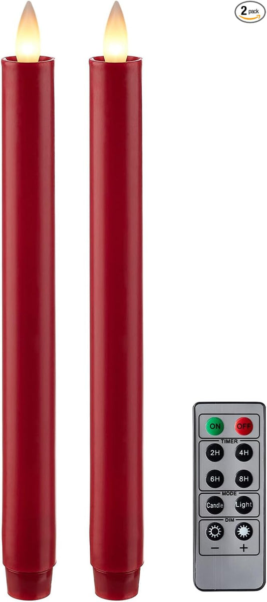 Flameless Taper Candles Flickering with Remote and Timer, 3D Moving Flame Taper Candle Battery Operated to 400 Hours, 9 Inch Window Candles, (Holiday Red)