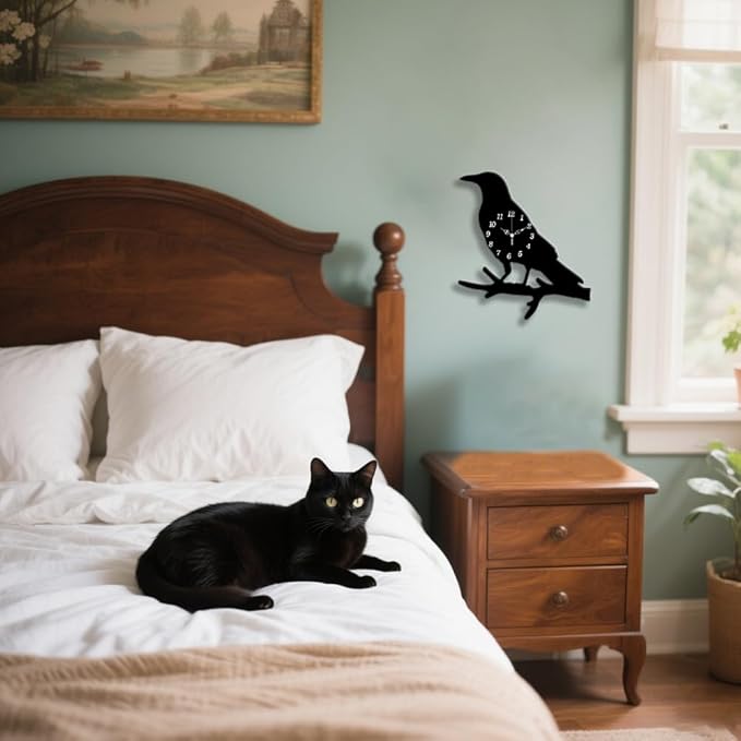 CHGCRAFT Crow Standing Branch Pattern Wall Clock 13.9 Inch Wood Grain Non-Ticking Irregular Shape Clocks Wall Hanging Clock Battery Operated for Bedroom Living Room Kitchen Office