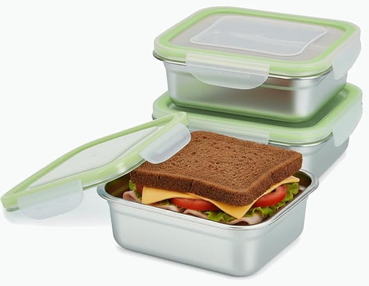 Set of 3 Stainless Steel Sandwich Containers - Food Grade Metal Base with a BPA Free Leakproof & Airtight Silicone Seal Lid. Great for Sandwiches, Snacks, Meal Prep & Food Storage
