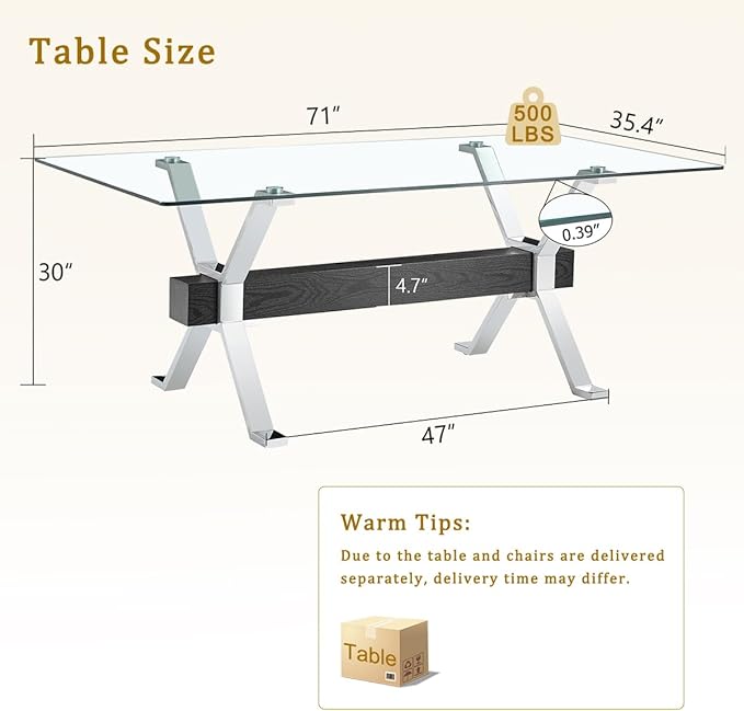 Glass Dining Table 71"｜Modern Dining Table for 6-8｜0.4" Thick Tempered Glass Top｜Chrome Silver Metal Legs｜Black Crossbar｜Easy Assembly｜Perfect for Dining Room or Kitchen