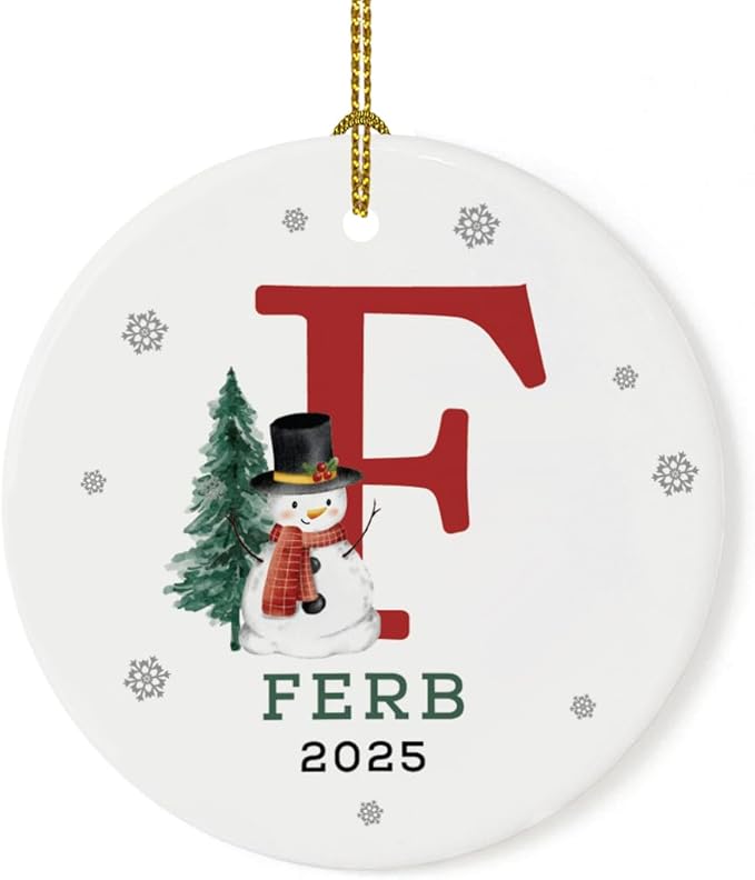 Andaz Press Personalized Ornament, Custom Name, Initial F Monogram Snowman 2.8" Ceramic Porcelain 2025 Christmas Ornament Keepsake for Kids, Boys, Girls, Includes Gold Ribbon & Gift Box, 1-Pack