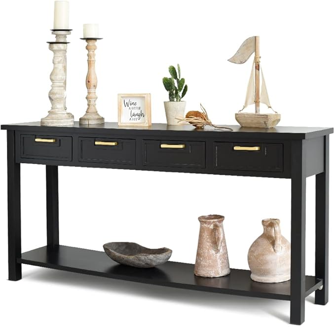 Console Table for Entryway, 60 Inch Sofa Table w/4 Drawers and Bottom Shelf Narrow Long Hallway Table for Living Room Entryway Home, Black
