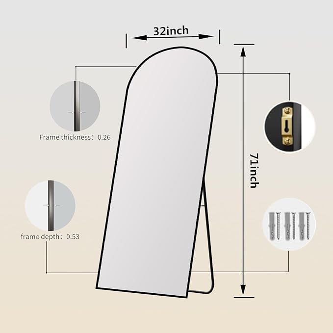 Arched Full Length Mirror, 71" L x 32" W Floor Mirror, Aluminum Alloy Frame, Shatterproof Glass - Free Standing, Leaning or Wall Mounted for Bedroom, Living Room, Entryway, Modern Home (Gold)