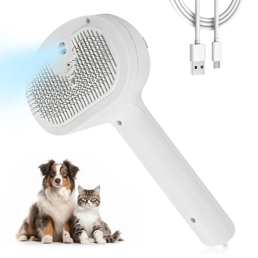 Pet Steam Brush for Dog and Cat, 2025 New 3 in 1 Steam Grooming Brush for Shedding and Hair Removal, Self Cleaning Spray Comb with Mist, Pet Spray Hair Removal Comb for Long Haired Pets (White)