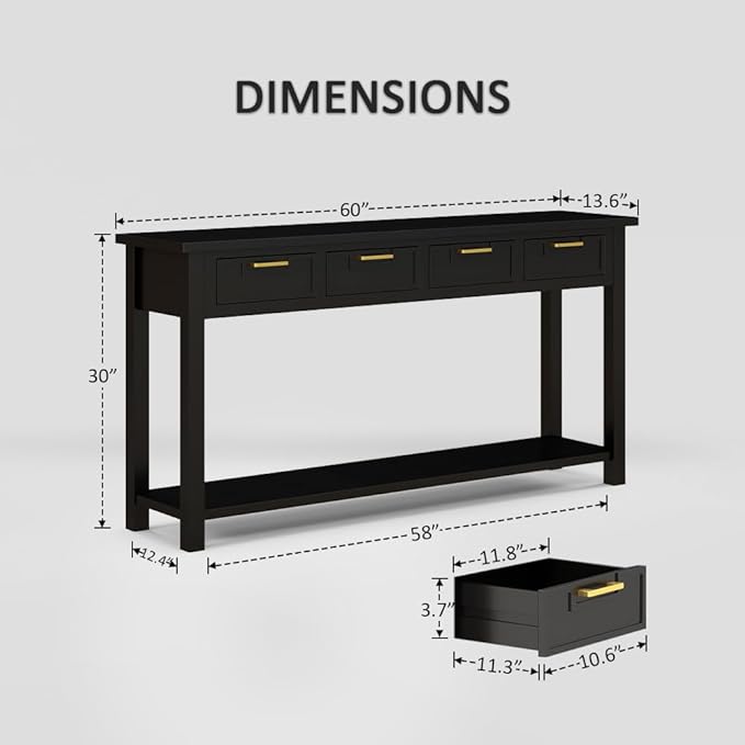 Console Table for Entryway, 60 Inch Sofa Table w/4 Drawers and Bottom Shelf Narrow Long Hallway Table for Living Room Entryway Home, Black