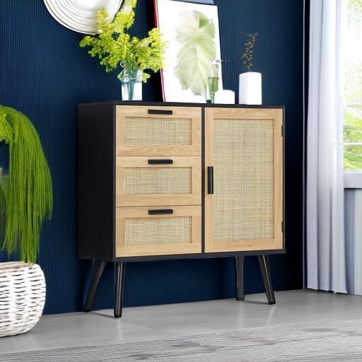 Iwell Storage Cabinet with Rattan Door & 3 Drawers, Rattan Cabinet with Adjustable Shelf, Sideboard Buffet Cabinets with Storage, Entryway Cabinets, for Living Room, Dining Room, Entryway, Black