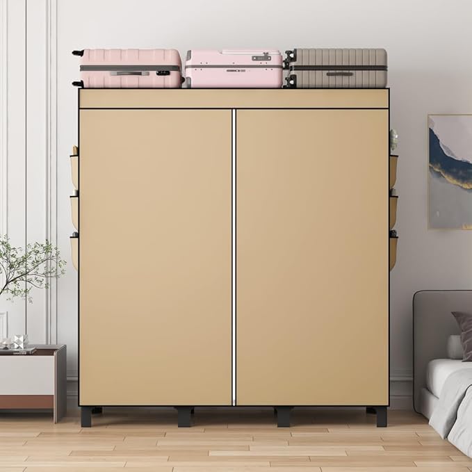 Portable Closet, Clothes Storage Box, Simple Wardrobe for Hanging Clothes, Multiple Shelves and 3 booms,6 Side Pockets (Black)” (Cream Colour, Large)