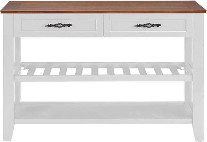 Retro Design Console Table with Two Open Shelves, Pine Solid Wood Frame and Legs for Living Room