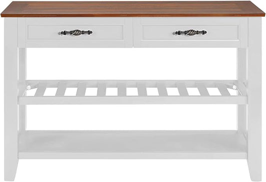Retro Design Console Table with Two Open Shelves, Pine Solid Wood Frame and Legs for Living Room