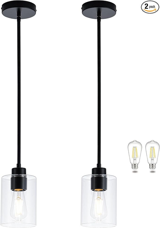 MAYNA 2-Pack Black Farmhouse Pendant Lighting, Rustic Glass Kitchen Island Lights with Bulbs, Adjustable Rods Vintage Hanging Fixtures for Dining Room, Bar