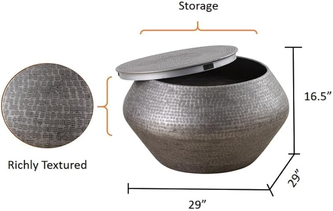 Albany Living Modern Cylindrical Aluminum Hammered Embossed Texturing, Metal Drum Coffee Table with Removable Lid for Storage,Fully Assembled, for The Living Room and Bedroom, Gray