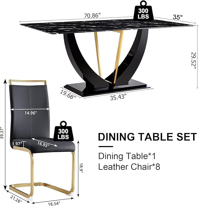 71" Dining Table Set for 8, Black Faux Marble Dining Room Table Set for 8, Large Rectangular Kitchen Table Set and PU Leather Chairs,Tempered Glass Glossy Table with Golden Leg