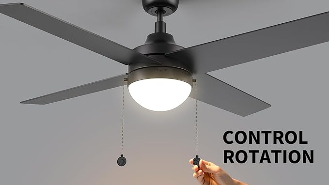 CEME 52" Ceiling Fan with Light Low Profile, DC 5 Speeds Silent Ceiling Fan with Remote, 4 Dual Finish Blades, 3 Light Colors Dimmable LED for Bedroom Room, Black