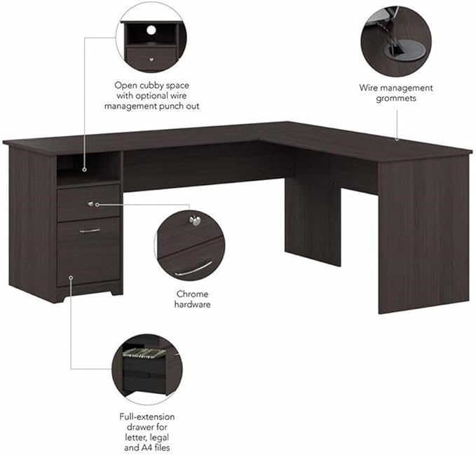 Bush Furniture L Shaped Desk with Drawers for Executive and Home Office | Cabot Collection Corner Table with Storage and Chrome Hardware | 72Wx23DX42W Return