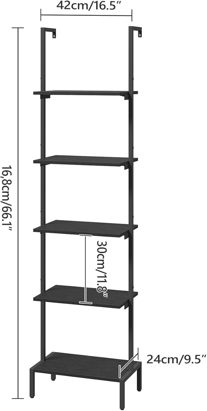 Ladder Shelf, 5-Tier Bookshelf, Ladder Bookcase with Wall Mount, Heavy Duty Industrial Style Storage Rack for Living Room, Office, Kitchen, Bedroom, Black LSBK5501