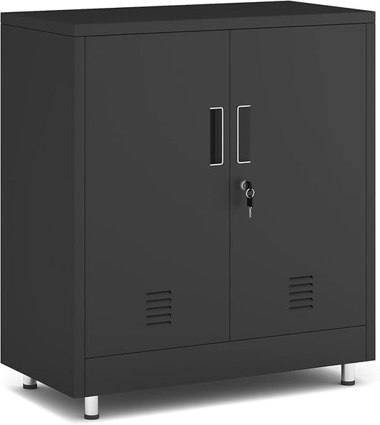 Metal Storage Cabinet with Locking Doors and Adjustable Shelf, Small Lockable Sideboard Buffet Cabinet for Home Office Hallway Entryway Living Dining Room (Black)