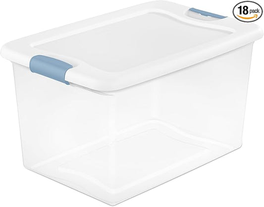 Sterilite 18-Pack Latching Box, Under Bed Storage Bins with Lids, Clear Plastic, 64 Quart - Heavy-Duty Organizing Containers for Closet, Bathroom, and Office