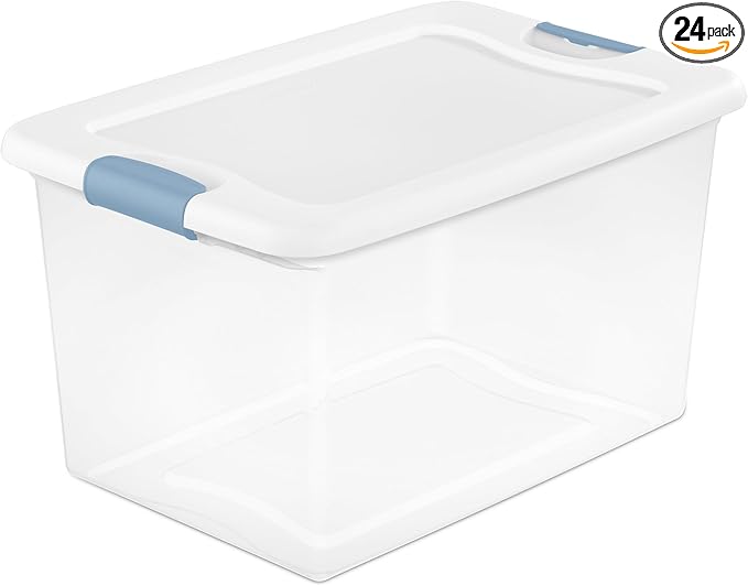 Sterilite 24-Pack Latching Box, Under Bed Storage Bins with Lids, Clear Plastic, 64 Quart - Heavy-Duty Organizing Containers for Closet, Bathroom, and Office