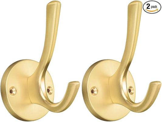 ZUONAI Gold Bathroom Towel Hooks Gold Coat Hooks 2 Pack Heavy Duty Brushed Towel Hooks Screws Solid Brass Wall Hooks for Hanging Coats, Hats, Jacket, Clothing and Keys in Bedroom Bathroom